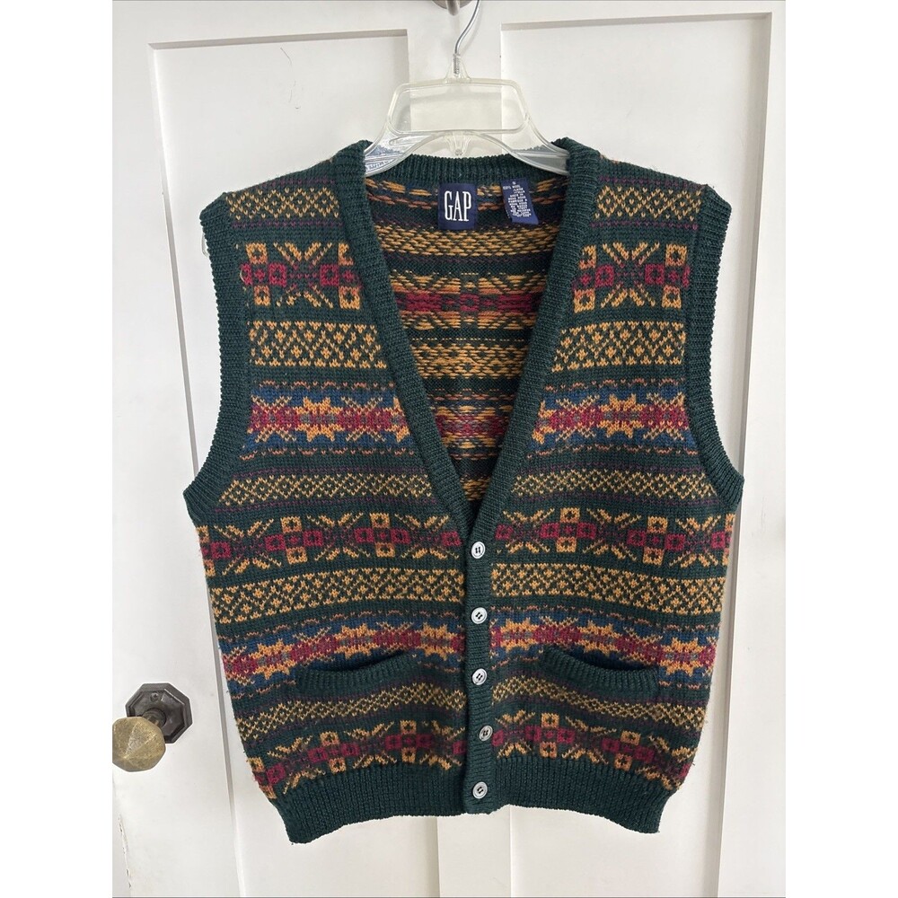 EUC Vtg GAP Unisex Fair Isle Wool V Neck Cardigan Vest Sz Men’s S